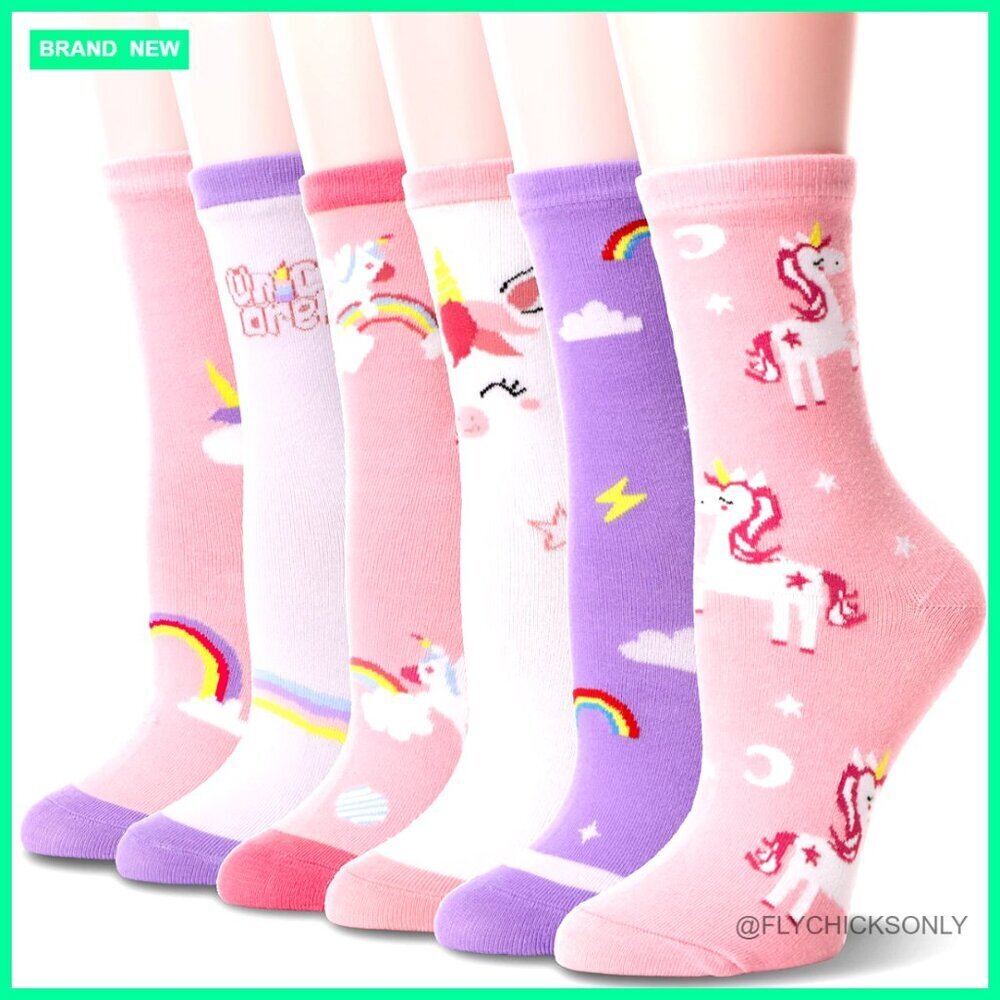 Girls Novelty Unicorn Animal Crew Socks 6 Pairs Cotton Spandex